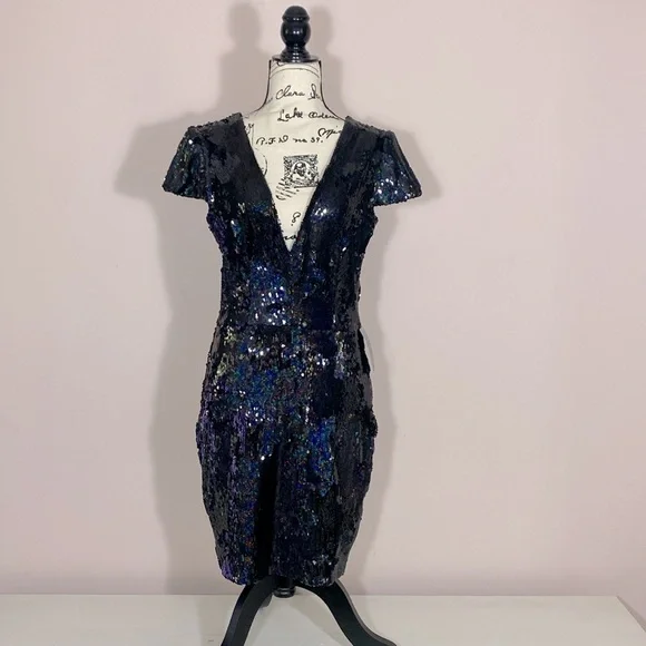 NWT Dress the Population Zoe Cap Sleeve Plunging Sequin Mini Dress black L - Picture 1 of 9